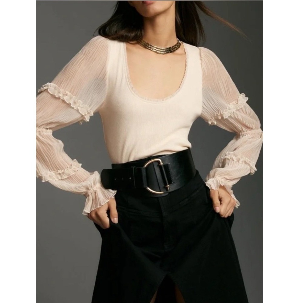 Anthropologie Top Women S Ivory Sheer Ruffle Long Sleeve Romantic Boho Victorian
